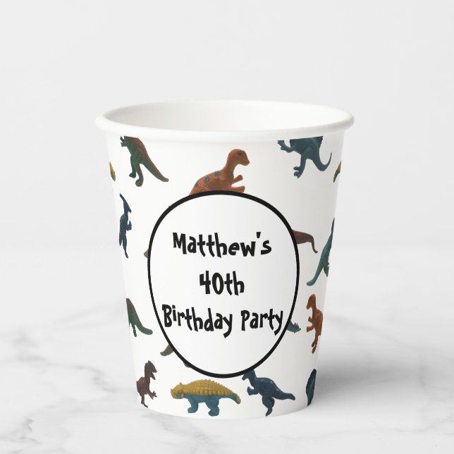 Collage of Plastic Toy Dinosaurs and Your Message Paper Cups (Front)