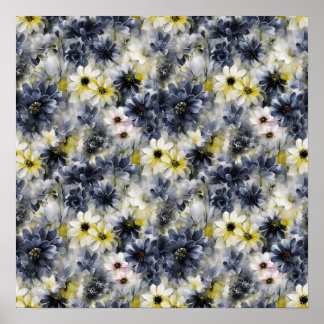 Collage, pattern of painted flowers, watercolor poster