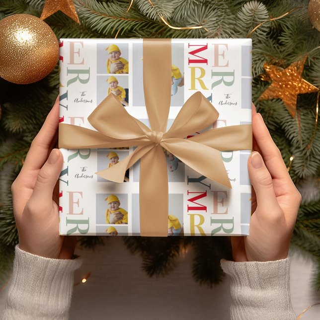Collage Photo And Colorful Merry | Happy Holiday Wrapping Paper (Creator Uploaded)