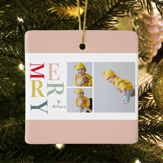 Collage Photo And Colourful Merry | Happy Holiday Ceramic Ornament (Creator Uploaded)