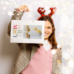 Collage Photo And Colourful Merry Happy Holiday Large Gift Bag