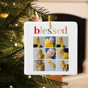 Collage Photo   Colourful Blessed Holiday Gift Ceramic Ornament