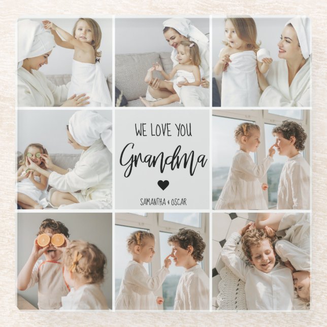 Collage Photo Grey We Love You Grandma Best Gift  Glass Coaster (Front)