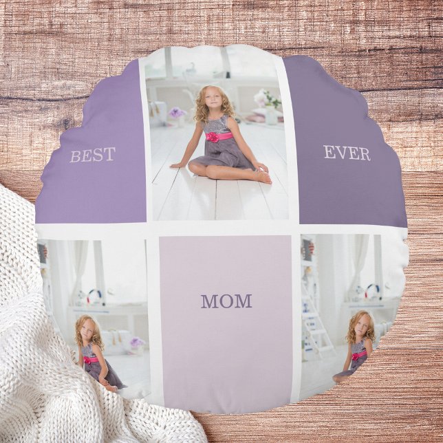 Collage Photo Purple Best Mum Ever Gift Round Cushion (Creator Uploaded)
