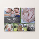 Collage photos with family name multiple pictures jigsaw puzzle<br><div class="desc">Customize this puzzle with their family photos as a fun gift. Change all the photos and family name. Green dividing lines. *Please don't hesitate to contact me if you need any assistance with my designs. It's easy enough to transfer an existing style to another Zazzle product, just let me know....</div>
