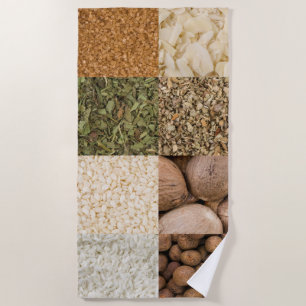 Collage set of spices and food ingredients beach towel