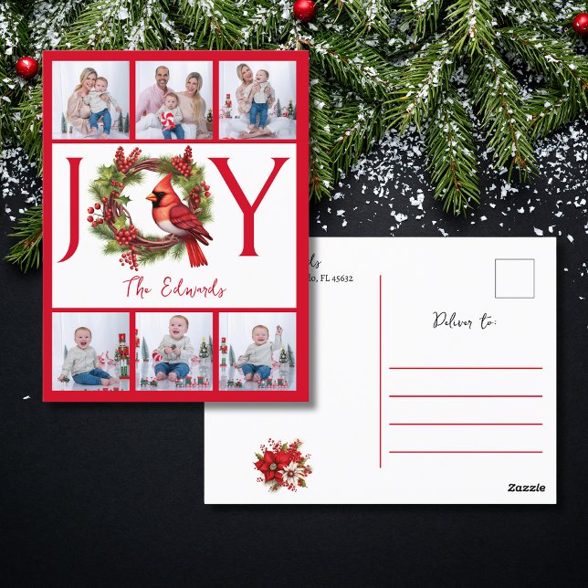Collage Six Photos | Joy Red Christmas  Postcard (Spread joy this holiday season with a stylish postcard! Personalize and order yours today!)