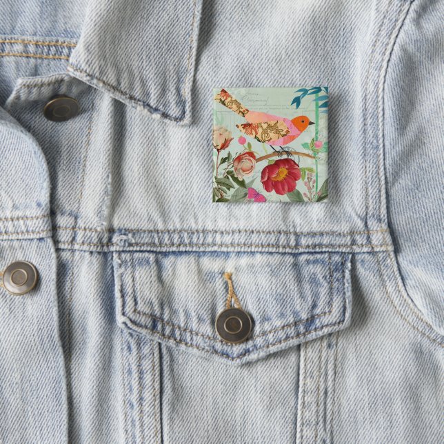 Collage-Style Songbird 15 Cm Square Badge (In Situ)