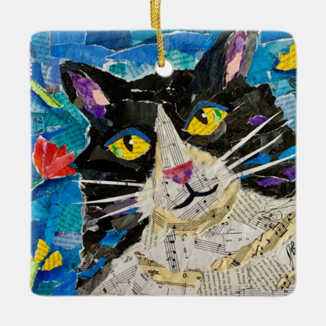 Collage Tuxedo Cat Ceramic Ornament (Front)