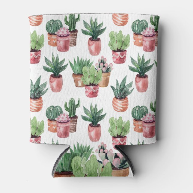 Collection of cacti in pots, watercolor. can cooler (Front)