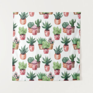 Collection of cacti in pots, watercolor. tapestry