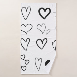 Collection of hand drawn hearts isolated on white  bath towel
