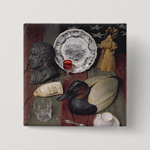 Collection of objects, including a cup 15 cm square badge
