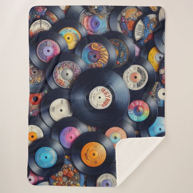 Collection Vinyl Record Pattern 80s Retro Spectrum Sherpa Blanket (Front)