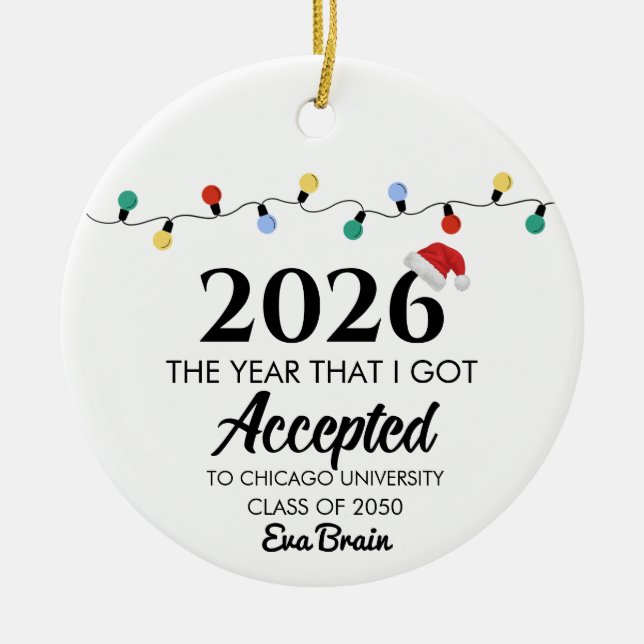 College Acceptance Ornament, College freshman Ceramic Tree Decoration (Front)
