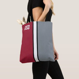 College Colours Crimson Red, Grey & White Monogram Tote Bag