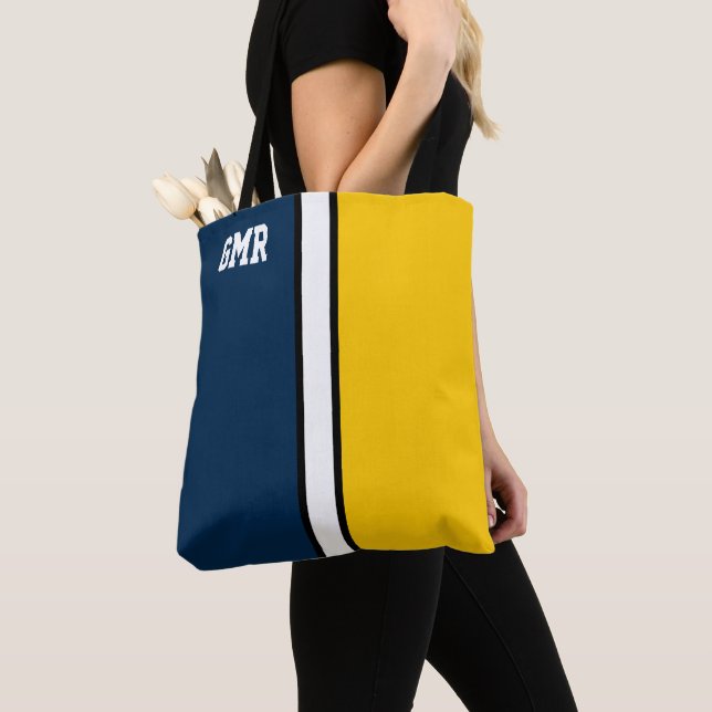 College Colours Dark Blue & Maize Yellow Monogram  Tote Bag (Close Up)