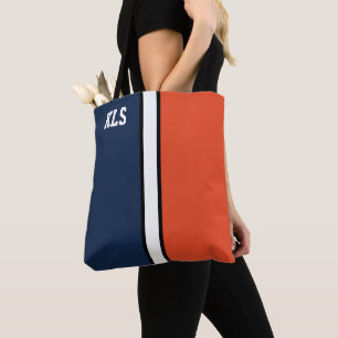 College Colours Navy Blue & Orange Monogram  Tote Bag
