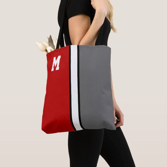 College Colours Red & Grey Monogram  Tote Bag (Close Up)