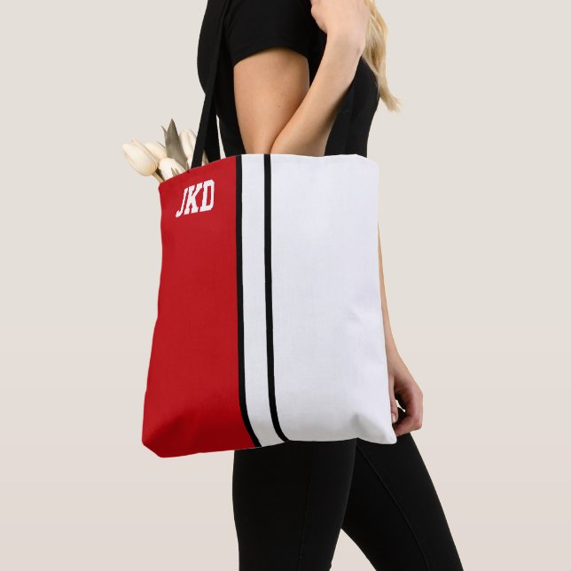 College Colours Red & White Monogram  Tote Bag (Close Up)