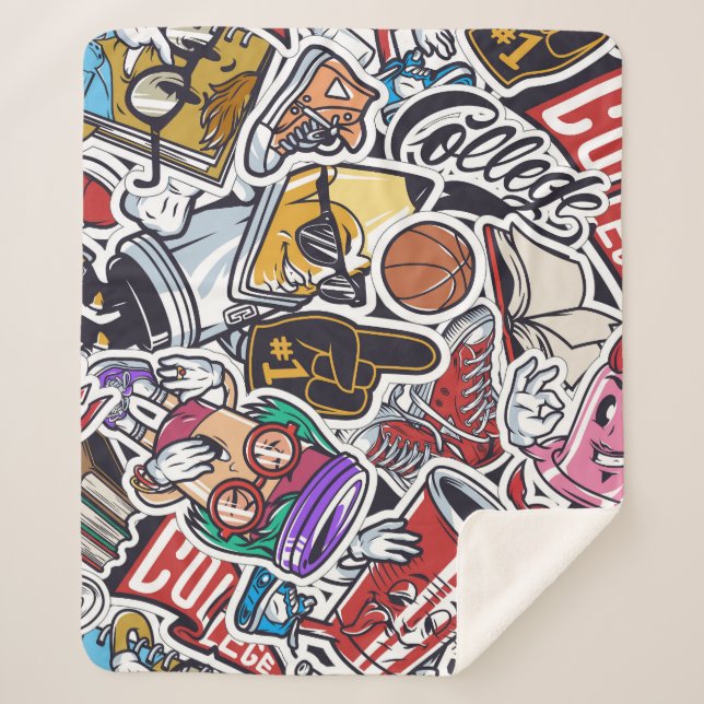 College Fun, Colourful Vintage Pattern Sherpa Blanket (Front)