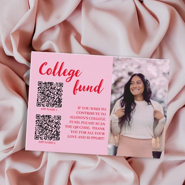 College Fund 2 QR Code Gift Photo Pink & Red Grad Enclosure Card (College Fund 2 QR Code Gift Photo Pink & Red Grad Enclosure Card)