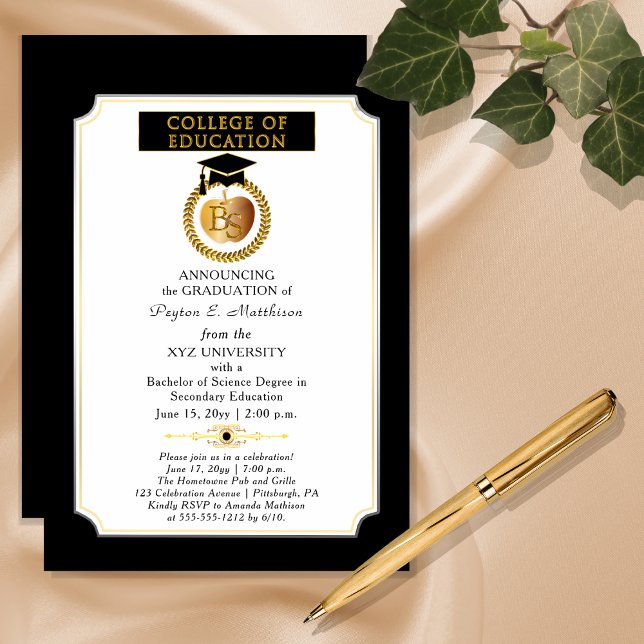 College of Education Degree Gold Apple Graduation Invitation (College of Education Degree Gold-Toned Apple Graduation Announcement and Party Invitation )