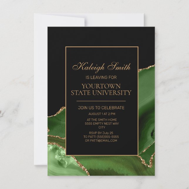 College Trunk Party Elegant Green Gold Marble  Invitation (Front)