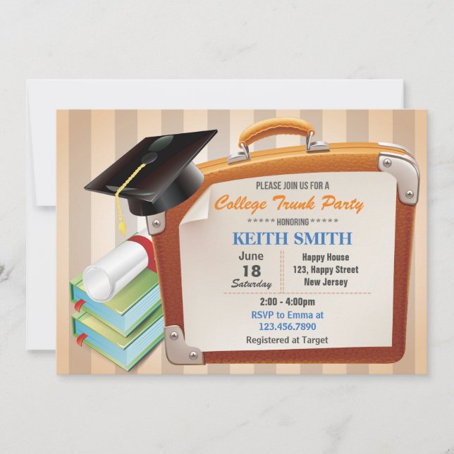 College Trunk Party Invitation. Graduation Party Invitation (Front)