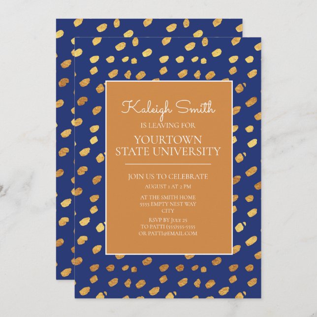 College Trunk Party Modern Blue Gold Invitation (Front/Back)
