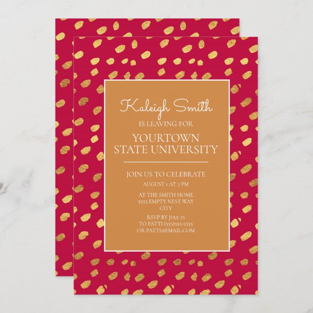 College Trunk Party Modern Gold and Red Invitation (Front/Back)