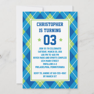 Collegiate Style Blue & Green Argyle 5X7 Birthday Invitation