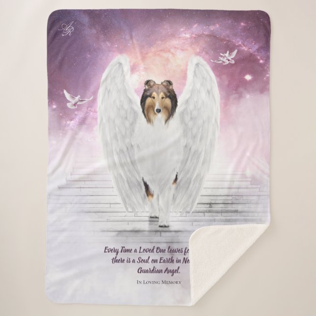 Collie Angel on Dog Heaven Stairs, Pet Memorial - Sherpa Blanket (Front)