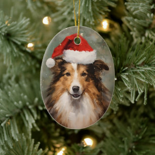 Collie Christmas brush painting artwork Ceramic Tree Decoration