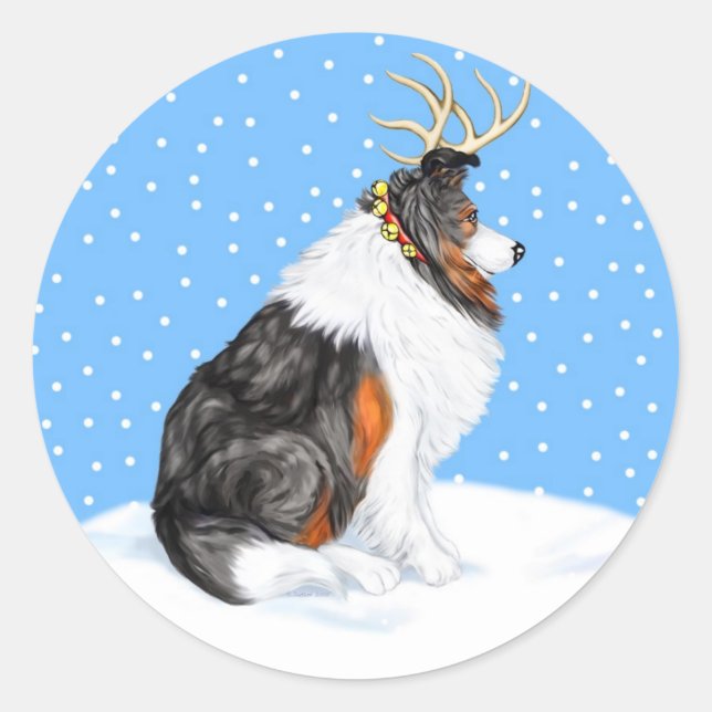 Collie Christmas Reindeer Tri Classic Round Sticker (Front)
