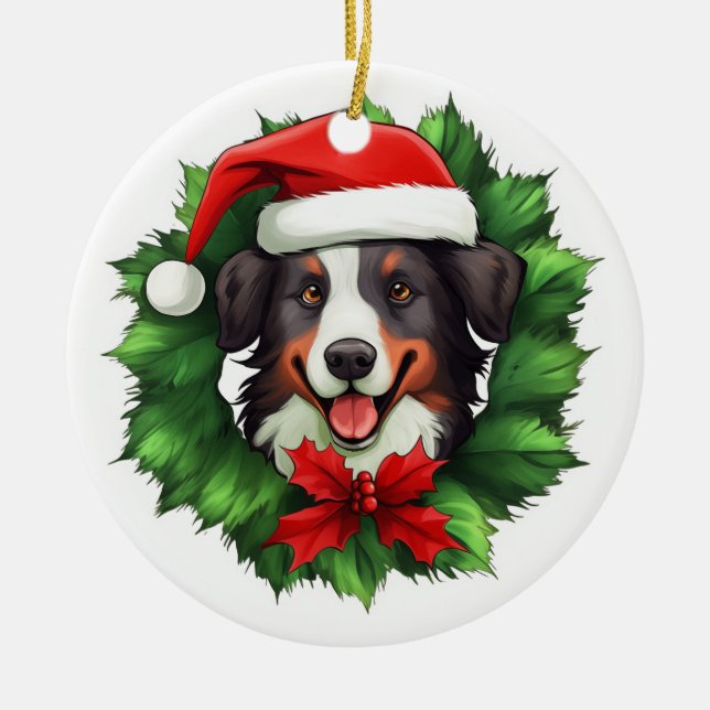 Collie Christmas Wreath Ceramic Tree Decoration (Front)