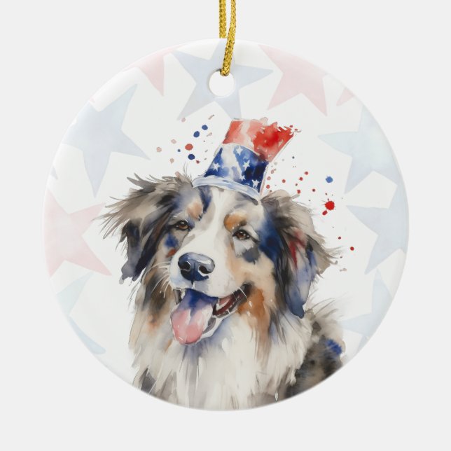 Collie Dog, 4th of july Personalised Ceramic Tree Decoration (Front)
