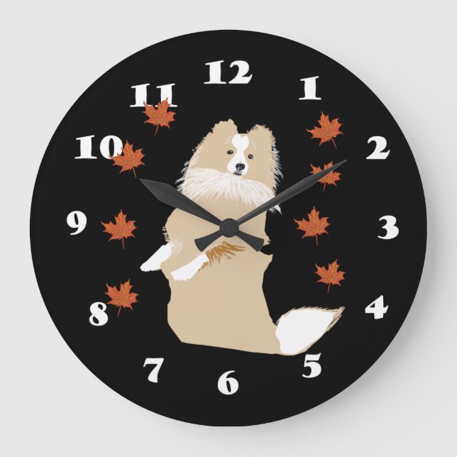 Collie Dog, Autumn Leaves Large Clock (Front)