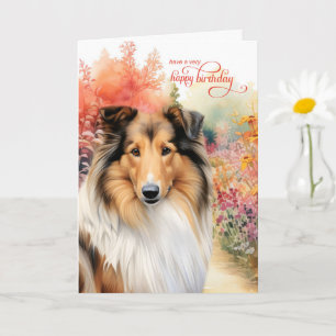 Collie Dog Birthday Wishes Flower Garden Card