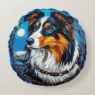 Collie Dog Colourful Mosaic Artwork Round Cushion