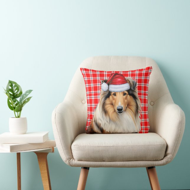 Collie Dog Red Plaid Christmas Holiday Cushion (Chair)