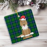 Collie Dog Santa Christmas Pet Ornament<br><div class="desc">Cute graphic illustration of sitting,  brown/white collie wearing a red,  Santa hat on top of head and it's pink tongue is out. Tan banner underneath with customisable pet's name.  Blue/green tartan plaid background.



Collie graphic by:  Lori@SaltTownStudio</div>