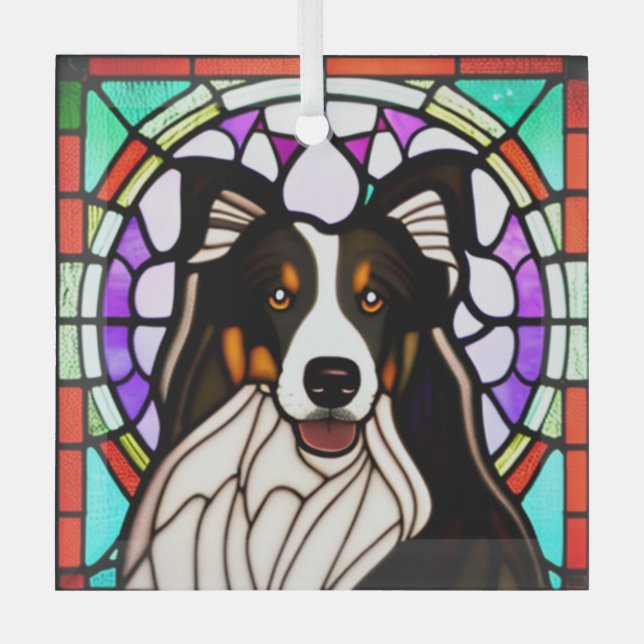 Collie Dog "Stained Glass"  Glass Tree Decoration (Front)