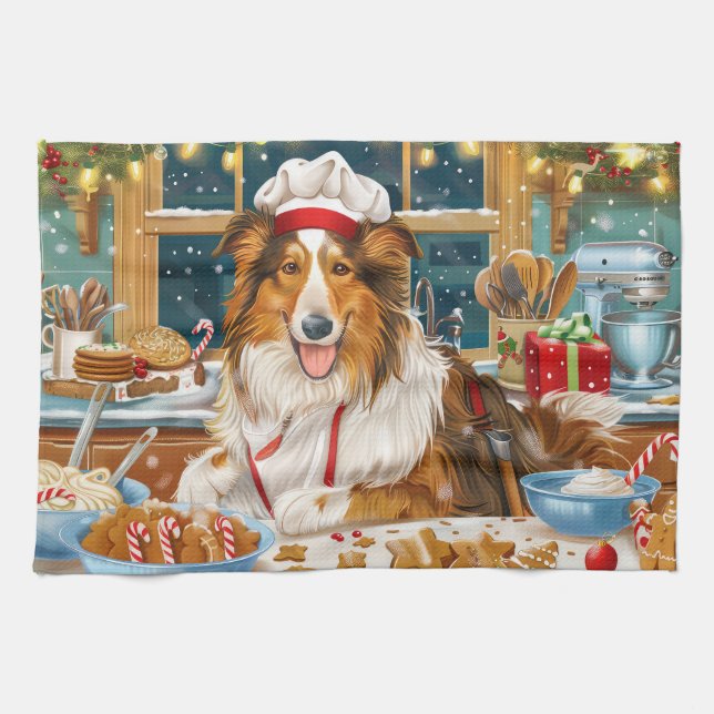 Collie Holiday Baking: Festive Christmas Tea Towel (Horizontal)
