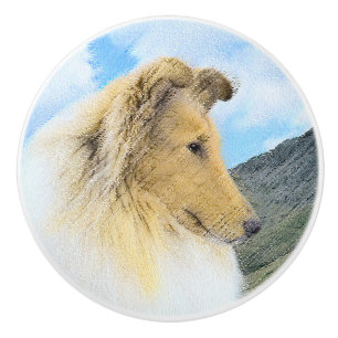 Collie in Mountains (Rough) Painting - Dog Art Ceramic Knob