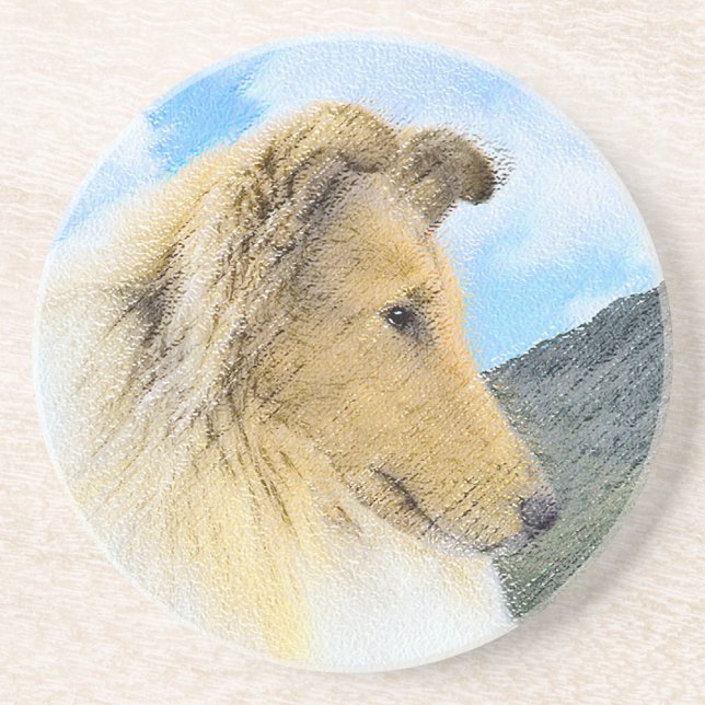 Collie in Mountains (Rough) Painting - Dog Art Coaster (Front)