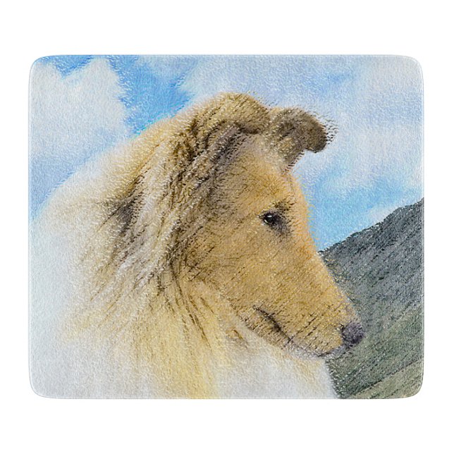 Collie in Mountains (Rough) Painting - Dog Art Cutting Board (Front)