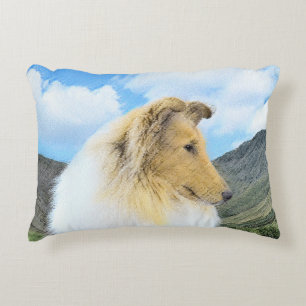 Collie in Mountains (Rough) Painting - Dog Art Decorative Cushion