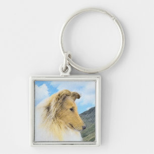 Collie in Mountains (Rough) Painting - Dog Art Key Ring