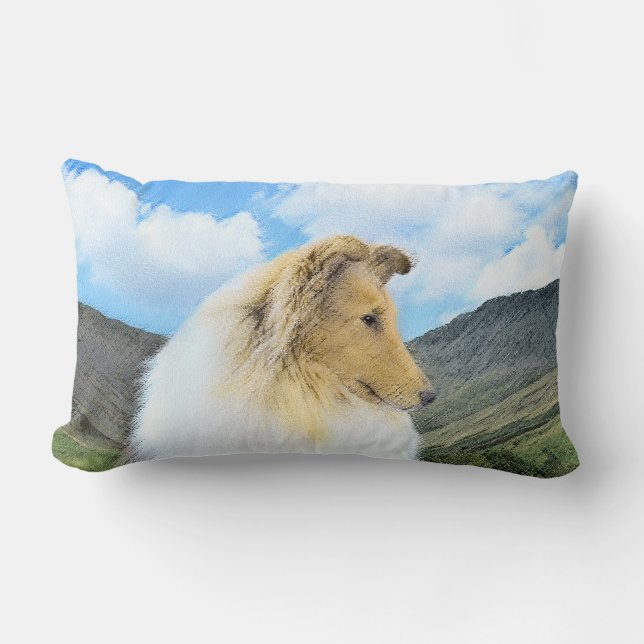 Collie in Mountains (Rough) Painting - Dog Art Lumbar Cushion (Front)